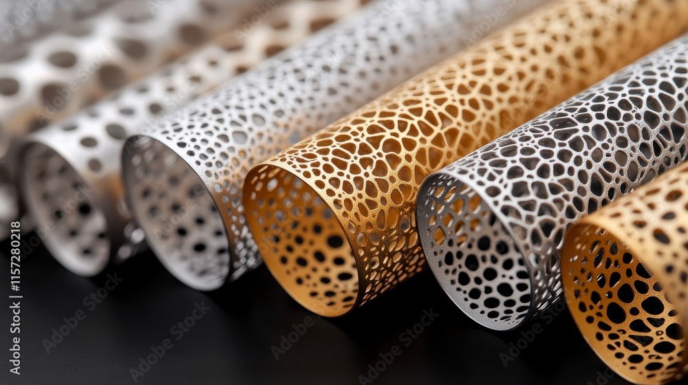 Aufkleber a series of metallic tubes with intricate perforated patterns in silver and gold, arranged in a row 