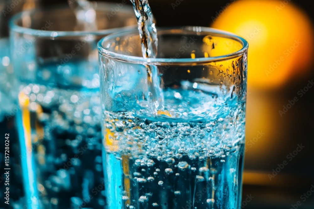 Poster a dynamic image showing water being poured into glasses, highlighted by glistening bubbles, symboliz