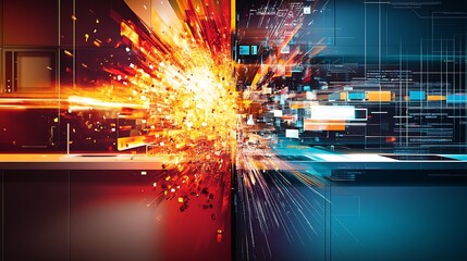 Obraz premium Dynamic abstract explosion of orange particles in geometric digital techno space : Generative AI