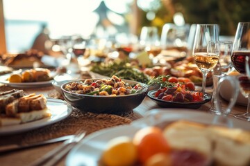 Fototapeta premium A beautifully set table with various gourmet dishes and wine glasses, capturing the essence of a vibrant feast, perfect for celebrations or gatherings.