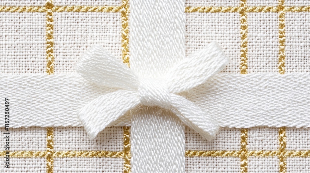 Poster a close-up of textured fabric featuring a white bow and golden grid pattern, creating an elegant and