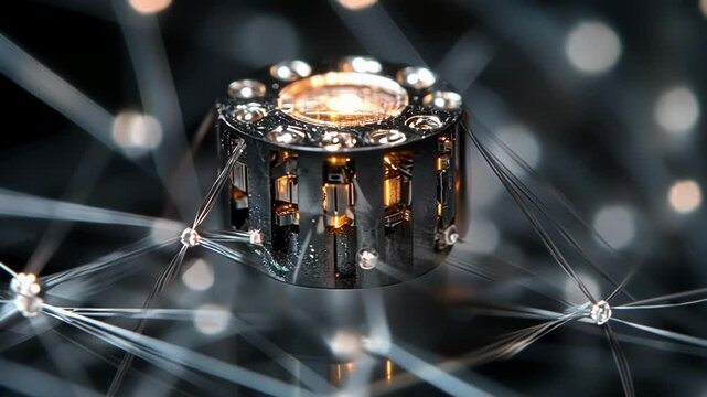 A macro shot of a small cylindrical sensor its surface covered in tiny connections surrounded by a web of fiber optic cables symbolizing highspeed data transmission.