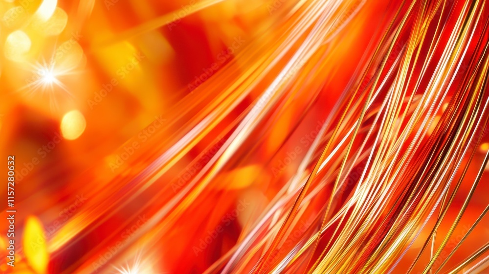 Poster a vibrant abstract background featuring flowing strands of red and orange hues with sparkling highli