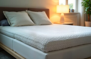 Closeup view of modern white orthopedic mattress on bed. Soft texture and clean design. Bedroom interior with warm light. Comfortable sleep and rest concept. Focus on mattress details and comfort.