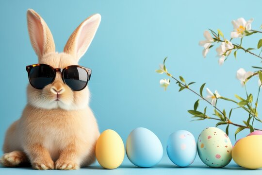 In a playful Easter scene, a cute rabbit in stylish sunglasses joyfully interacts with colorful Easter eggs and flowers, all against a soft blue backdrop that enhances the holiday spirit