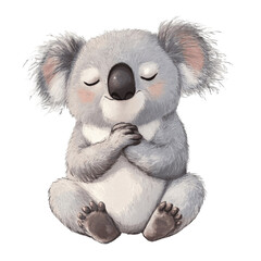 Adorable koala sitting with closed eyes and clasped paws, exuding peace and endearment. PNG transparent background. © AnyaWhy