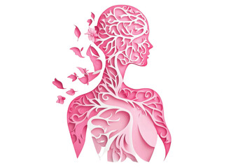 Body Woman Breast Cancer Awareness Day paper cutting, symbolizing courage in the face of adversity. PNG transparent background.
