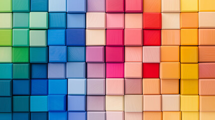 Vibrant rainbow wooden cube backdrop for product photography, featuring a colorful block pattern and flat lay perspective. Ideal for showcasing small items, crafts, or branding in a playful and creati