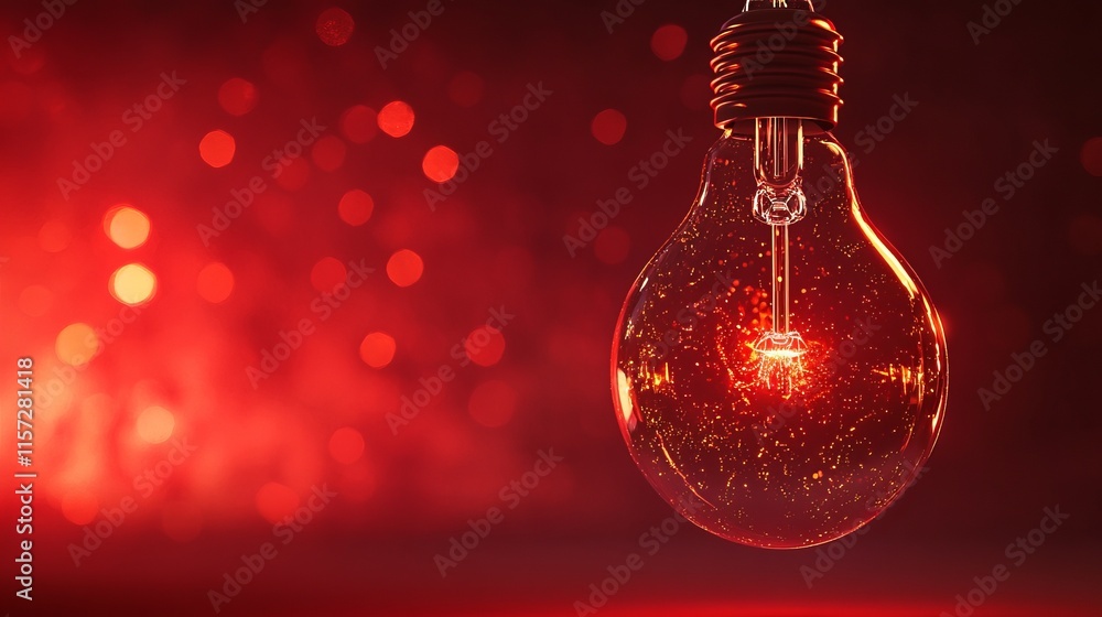 Poster light bulb glowing in a vibrant red atmosphere with sparkling particles illuminated from within