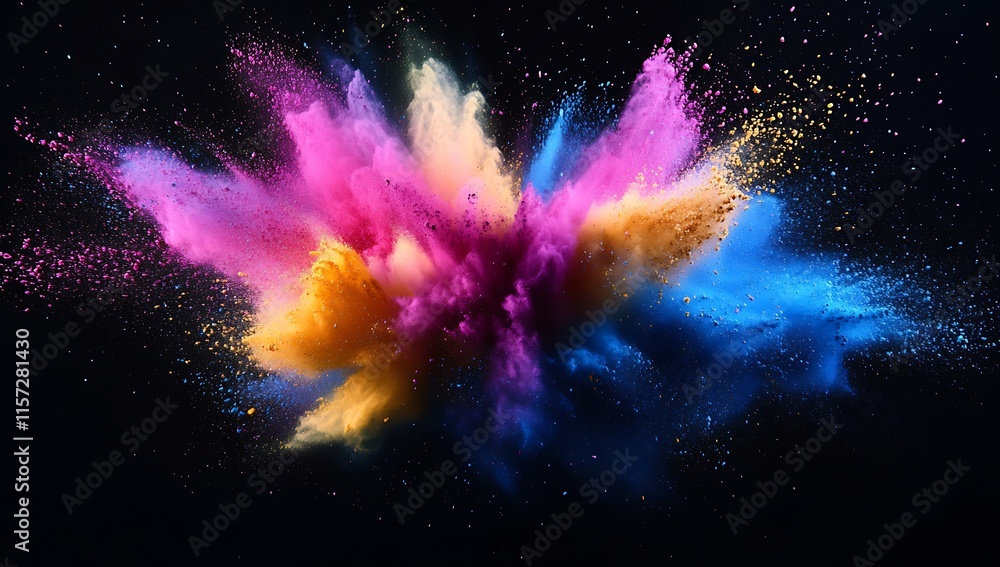 Poster vibrant explosion of multicolored powder on a black background representing energy and creativity : 
