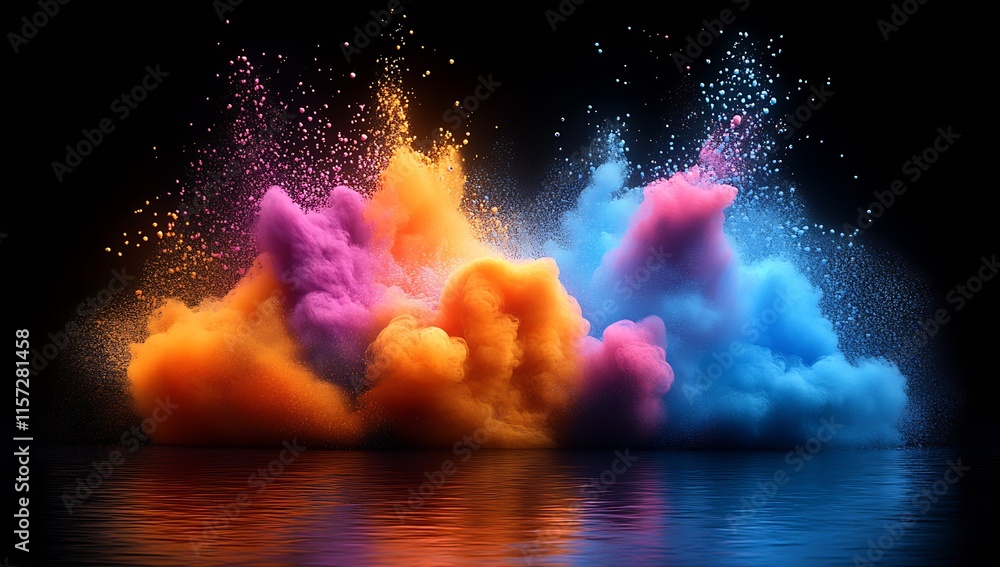 Poster vibrant colorful explosion of powder on water surface in a dark background for artistic and abstract