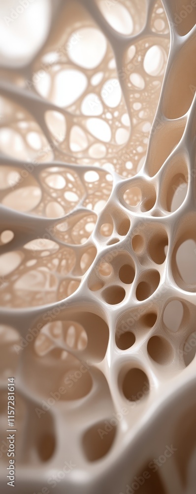 Poster a close-up view of an intricate, organic structure featuring numerous interconnected holes and curve