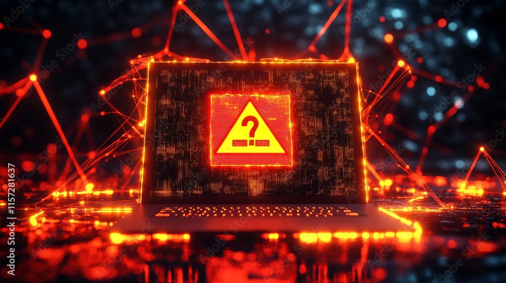 Poster Futuristic Digital Security Threat with Warning Symbol on Computer : Generative AI