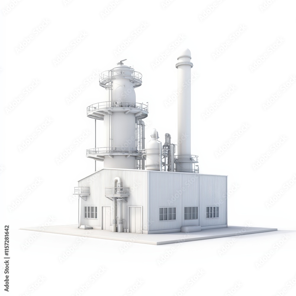 Poster a modern industrial facility with tall structures, featuring a large tower and a smokestack, designe