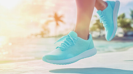 Naklejka premium Running feet in bright sport shoes near the beach at sunset. Generative AI