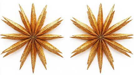 Two golden star decorations with pointed tips, creating a striking visual effect against a white background, ideal for festive occasions.