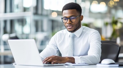 Focused professional working at a desk with laptop in a clean, organized office