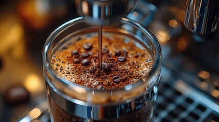 Close-up of espresso pouring into a glass, coffee beans and crema visible.