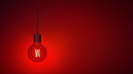Bright red light bulb hangs against a plain red background creating a warm, cozy atmosphere in a dimly lit space