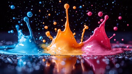 A vivid burst of paint against a black backdrop. The hues are lively and intense, evoking a feeling of dynamism and thrill. The splatter pattern suggests motion and activity.
