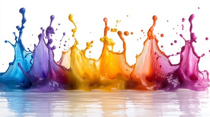 On a white canvas, a burst of colorful paint stands out with its bright and vibrant hues, conveying a sense of energy and excitement. The splatter pattern creates a feeling of movement and action.