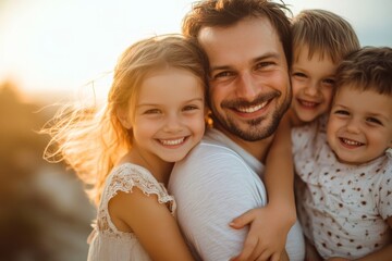 A joyful family consisting of a father and three children embraces happily under the golden hues of the setting sun, celebrating the bonds of love and togetherness.