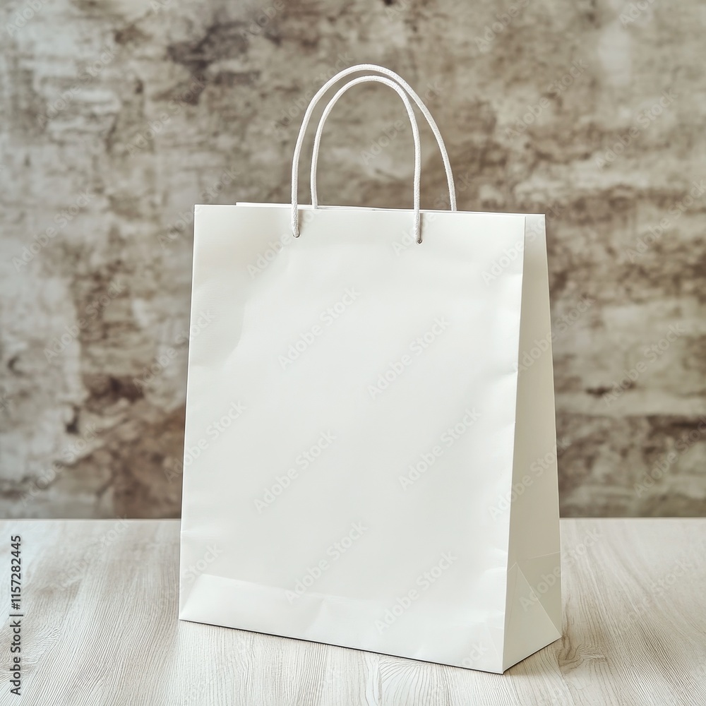 Poster simple white paper bag displayed on a rustic wooden table against a textured wall background highlig