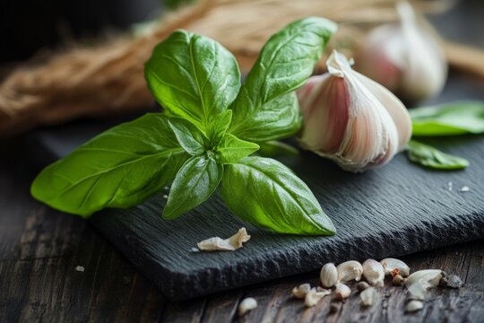 A vibrant image of fresh basil leaves and a bulb of garlic on a textured black slate surface with a rustic, organic atmosphere throughout the composition.