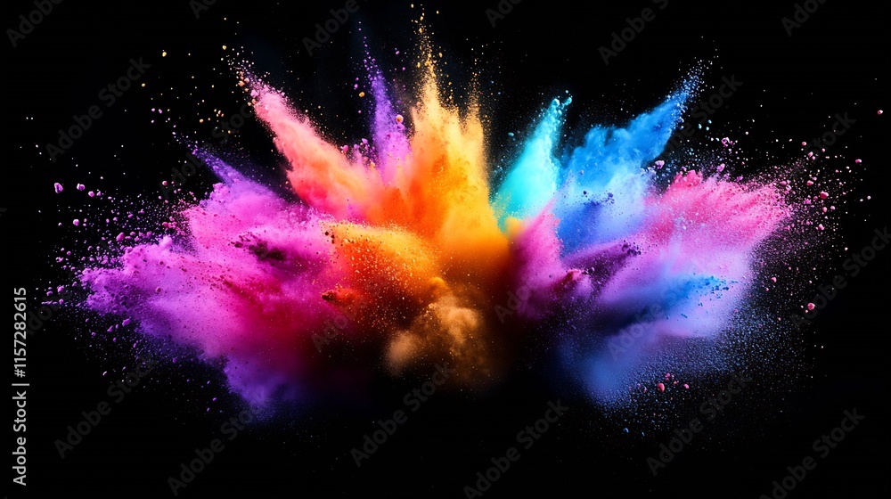 Aufkleber explosive burst of vibrant color powder on a black background in midair : generative ai