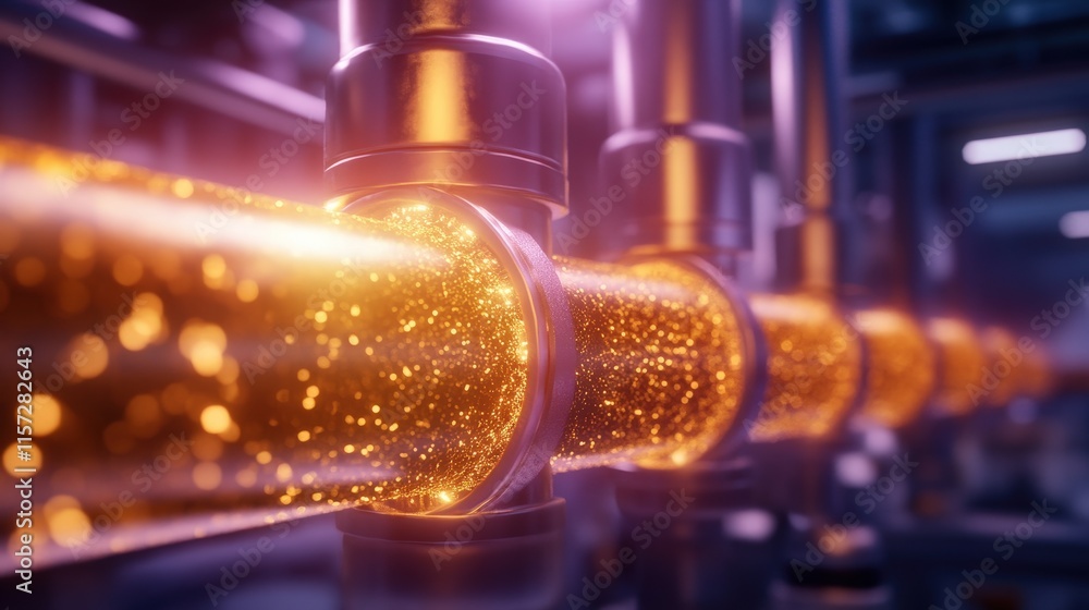 Poster a close-up view of glowing pipes transporting a bright, energetic flow, creating a dynamic industria