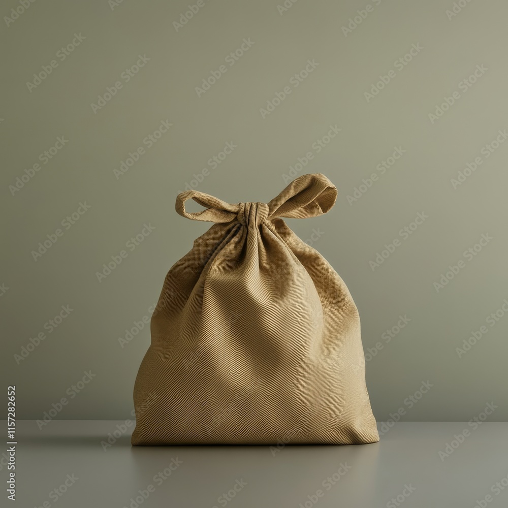 Poster neutral canvas bag tied at the top with a bow sits on a plain surface against a minimalistic backgro