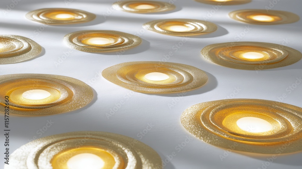 Poster a visually appealing arrangement of circular, golden patterns resembling abstract sun-like shapes on