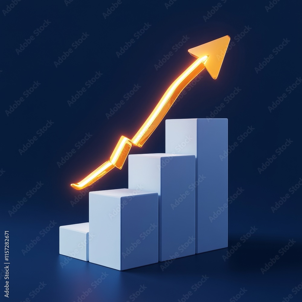 Poster visual representation of growth with ascending bars and a rising arrow illustrating progress and suc