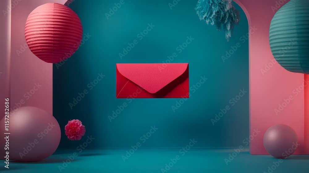 Aufkleber colorful display of a red envelope against a vibrant teal background with decorative elements for a 