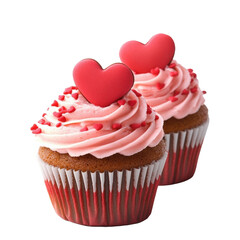 Delicious red velvet cupcakes with heart toppers for celebrations. Isolated on white