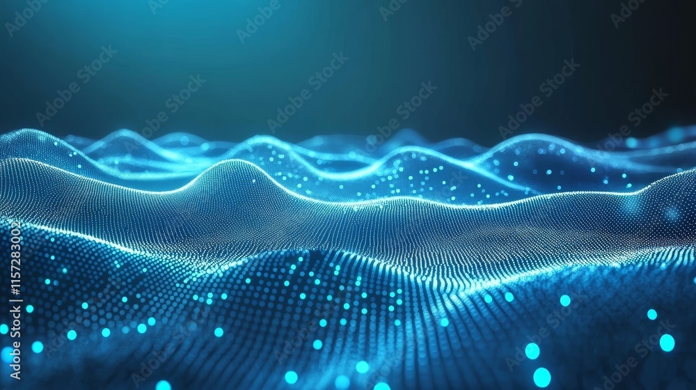 Poster visual representation of dynamic blue waves with glowing particles, creating a captivating digital l