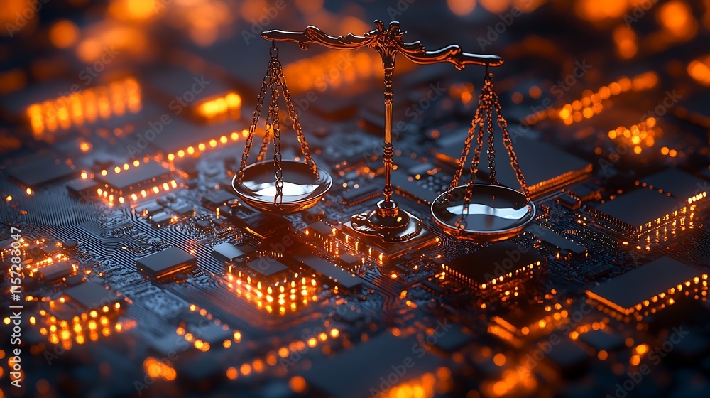 Poster digital justice concept with scales of law on glowing circuit board background : generative ai