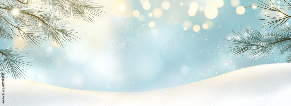 Poster winter landscape featuring soft snow, pine branches, and a dreamy blue background with bokeh lights 