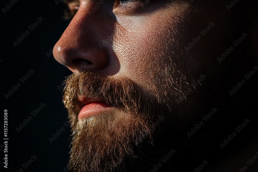 Poster a close-up of a bearded man's face with dramatic lighting, showcasing texture and emotion, capturing