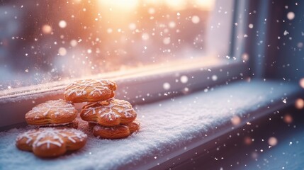 Cozy Winter Scene with Snowflake Cookies on a Snowy Window Sill at Sunset with Falling Snowflakes