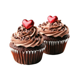 Delicious chocolate cupcakes with heart decorations on top. Isolated on white