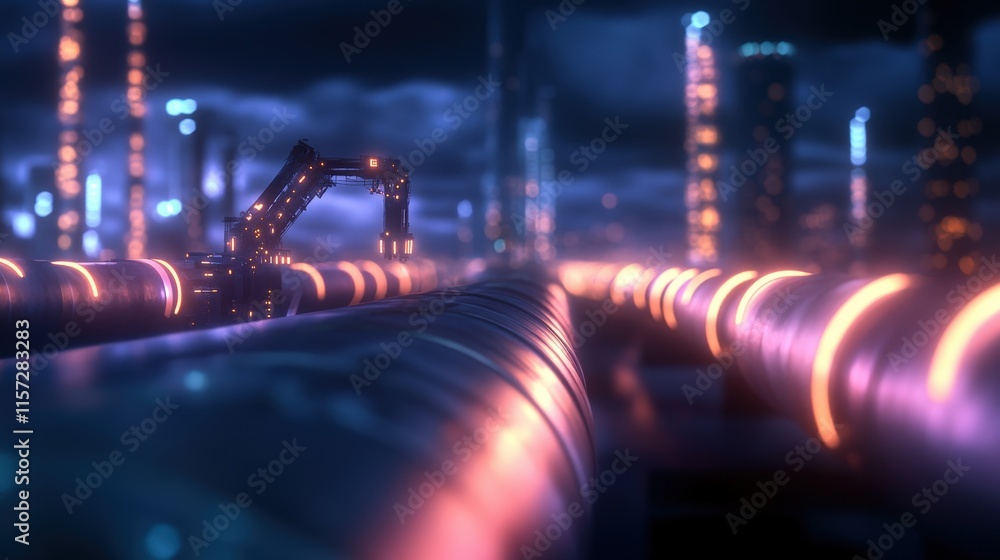 Poster a futuristic scene showcasing illuminated pipes and a robotic arm in a high-tech environment.