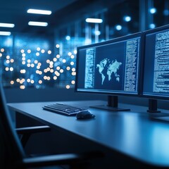 Fototapeta premium A modern workspace featuring dual monitors displaying code and a world map, illuminated in blue light with a blurred city view in the background.