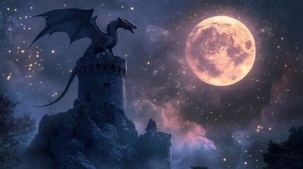 Majestic dragon soaring over ancient castle under full moon fantasy art night sky enigmatic atmosphere