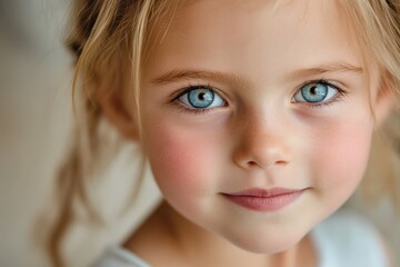 A close-up portrait of a young girl with striking blue eyes and rosy cheeks, capturing innocence and youthfulness against a softly blurred background.