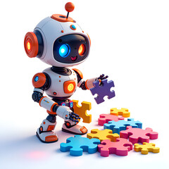 Fototapeta premium A cheerful robot assembling colorful puzzles in a bright environment with engaging expressions, 3d rendering of character design concept.