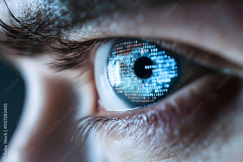 Poster close-up of a blue eye with digital code reflected in the iris, symbolizing technology and data.