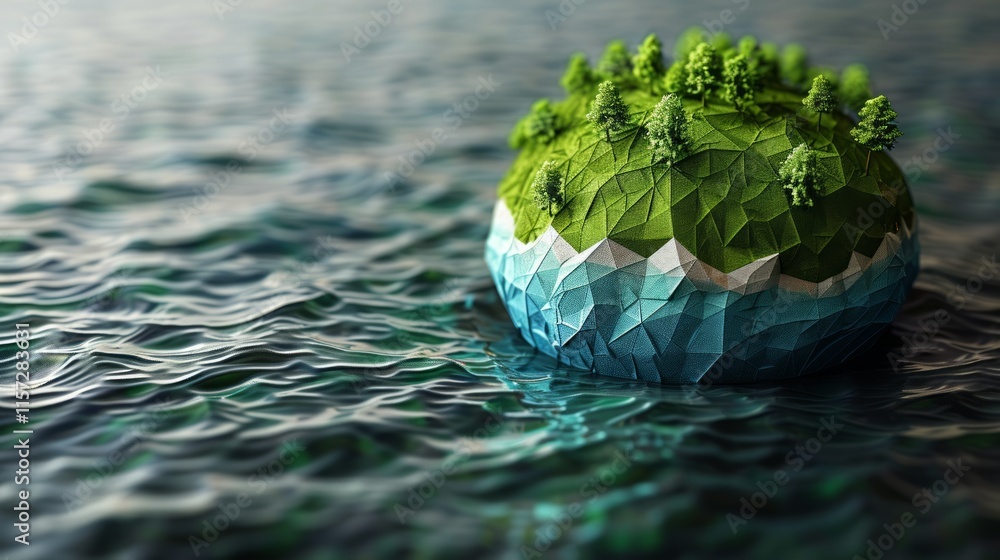 Poster low poly 3d render of a small island with trees floating on water.