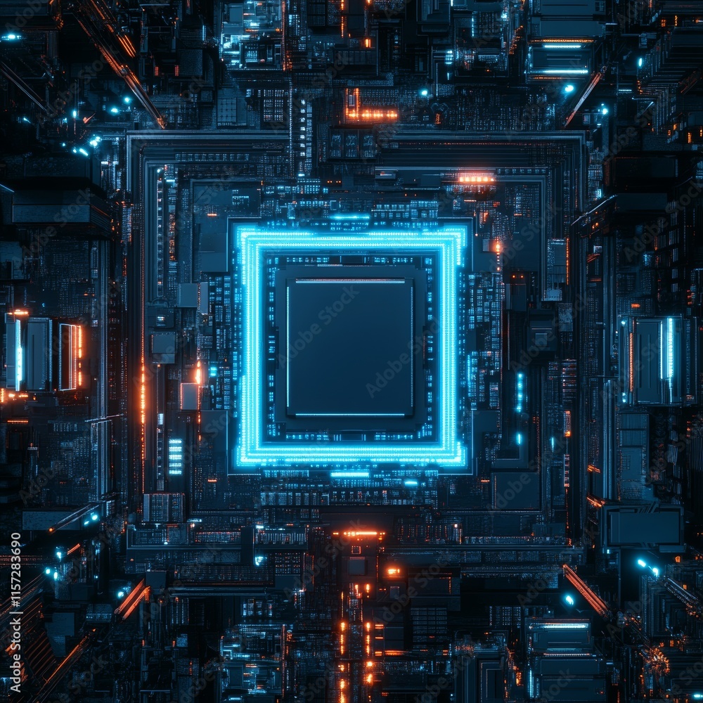 Aufkleber Complex Circuitry and Glowing Elements Create an Intricate Digital Landscape Showcasing Advanced Technology and Innovation in a Futuristic City Setting