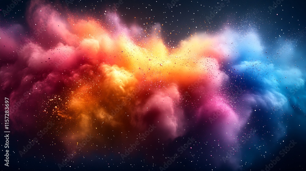Poster vibrant explosion of colorful powder dust in dynamic space background : generative ai